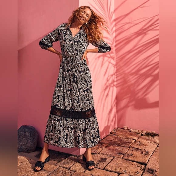 Chico's Paisley Black White Crochet Detail Ruffle Maxi Dress Women's Size 14 - Picture 14 of 14